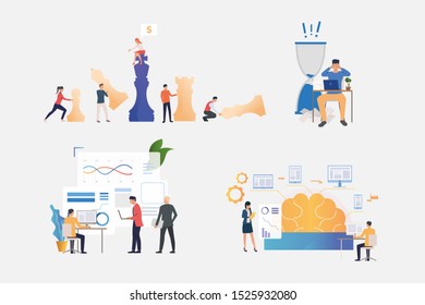 Professionals working on startup illustration set. Businesspeople working at night, studying brainwork, playing chess. Business concept. Vector illustration for banners, layouts, website design