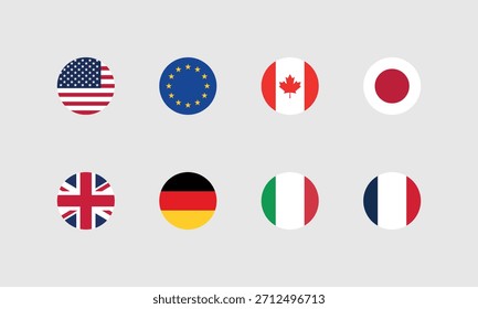 Professionelles G7 Flaggen Set – Rund – USA, EU, Kanada, Japan, Deutschland, Italien, Frankreich (Korrekte Farbdarstellung)