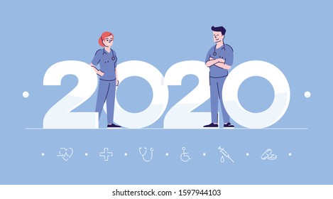 Professions 2020 flat banner vector template. Surgeons isolated cartoon characters on blue. Operating nurse. Health workers in medical costumes. Banner, brochure, leaflet design layout, place for text