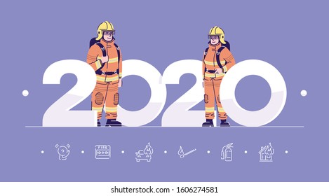 Professions 2020 flat banner vector template. Firefighters isolated cartoon characters on blue. Fireman in protective costume. Banner, brochure page, leaflet design layout with place for text