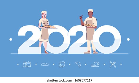 Professions 2020 flat banner vector template. Bakers isolated cartoon characters on blue. People in workwear and with bread. Banner, brochure page, leaflet design layout with place for text