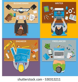 Professions 2x2 design concept set of businessman writer engineer freelancer top view workplaces flat vector illustration 