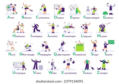 Professions alphabet. Job market, select a profession from list with alphabetical order. Different types of work and occupation search flat vector illustration. Confectioner, designer and gardener