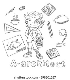 the professions architect in alphabetical order cartoon hand drawn outline for coloring adult isolated on the white background