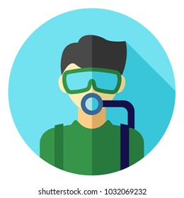 Professions  avatar icon - Scuba diver man in diving suit icon. Professional People Avatar Icon on color round. vecor illustration on white background.