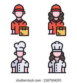 professions avatar icons set = delivery man, courier girl, chef man, woman. Perfect for website mobile app, app icons, presentation, illustration and any other projects