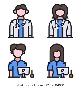 professions avatar icons set = doctor man, girl, graphic designer man, woman. Perfect for website mobile app, app icons, presentation, illustration and any other projects