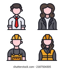 professions avatar icons set = employee man, girl, construction man, woman. Perfect for website mobile app, app icons, presentation, illustration and any other projects