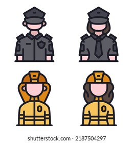 professions avatar icons set = police man, girl, firefighter man, woman. Perfect for website mobile app, app icons, presentation, illustration and any other projects