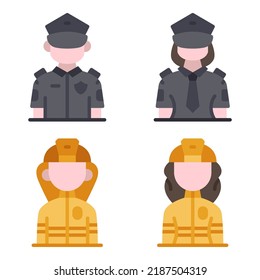 professions avatar icons set = police man, girl, firefighter man, woman. Perfect for website mobile app, app icons, presentation, illustration and any other projects