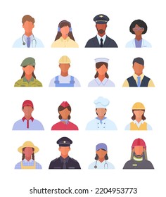 professions avatars. builders doctors cook aviators artists and other professional workers. Vector stylized characters