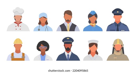 Berufe Avatare. verschiedene Berufsleute Gesichter der Polizisten Bauärzte kochen. Vectorflache Vorlage