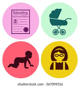 Professions. Babysitting. Nanny. People at work. Set. Vector icon.