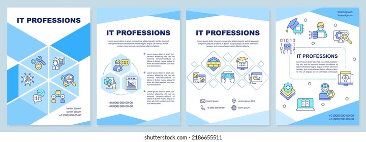 IT professions brochure template. Development and programming. Leaflet design with linear icons. Editable 4 vector layouts for presentation, annual reports. Arial-Black, Myriad Pro-Regular fonts used