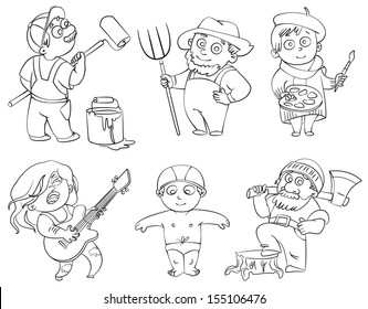 Professions. Builder, painter, rocker, woodcutter, swimmer, farmer. Coloring book. Vector illustration. Isolated on white background