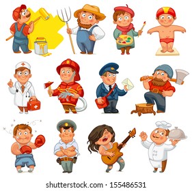 Professions. Builder, painter, rocker, woodcutter, swimmer, cook, farmer, postman, policeman, boxer, doctor, fireman. Vector illustration. Isolated on white background. Set