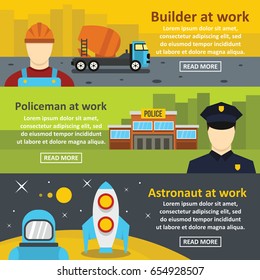 Professions builder, policeman, astronaut banner horizontal concept set. Flat illustration of 3 professions builder, policeman, astronaut vector banner horizontal concepts for web