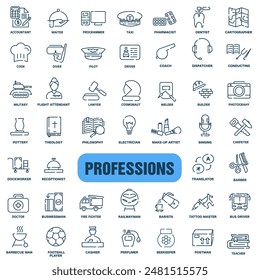 Professions and career. Thin line icons set with space. Set of icons of various professions. EPS 10.