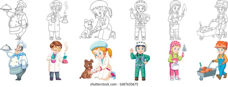 Professions. Cartoon Clipart Set For Kids Activity Coloring Book, T Shirt Print, Icon, Logo, Label, Patch Or Sticker. Vector Illustration.