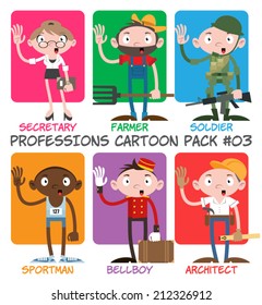 Professions Cartoon Pack #03 - Secretary, Farmer, Soldier, Sportman, Bellboy, Architect