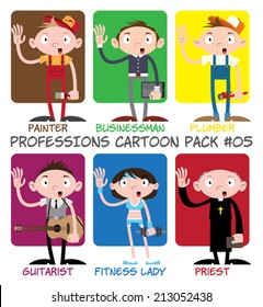 Professions Cartoon Pack #05 - Painter, Businessman, Plumber, Guitarist, Fitness Lady, Priest