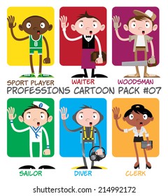 Professions Cartoon Pack #07 - Sport Player, Waiter, Woodsman, Sailor, Diver, Clerk