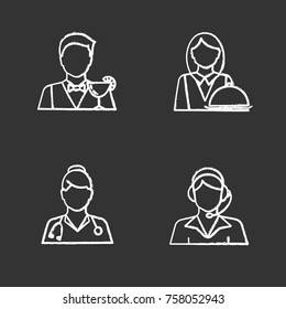 Professions chalk icons set. Occupations. Doctor, call center operator, barman, waitress. Isolated vector chalkboard illustrations