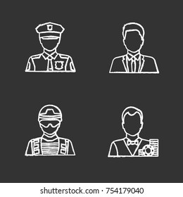 Professions chalk icons set. Policeman, soldier, croupier, office worker. Isolated vector chalkboard illustrations