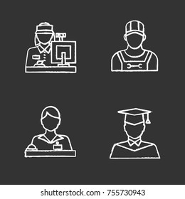 Professions chalk icons set. Receptionist, secretary, cashier, pizza deliveryman, graduate student. Isolated vector chalkboard illustrations