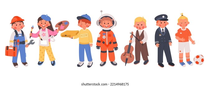 Professions and children flat icons set. Different occupations in kids interpretation. Important careers. Artist, policeman, spaceman, courier, football player, handyman. Isolated illustrations