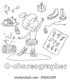 the professions choreographer in alphabetical order cartoon hand drawn outline for coloring adult isolated on the white background
