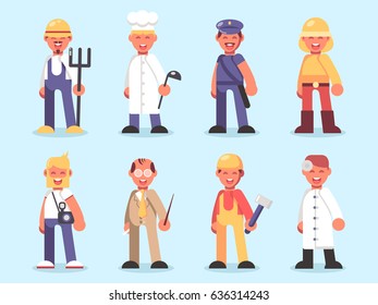 Professions collection: farmer, cook, policeman, firefighter, photographer, teacher, professor, builder, doctor. Vector illustration in a flat style