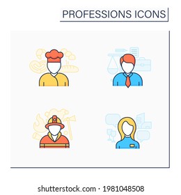 Juego de iconos de color de las profesiones. Bombero, panadero, abogado y azafata. Varias profesiones. Trabajos importantes. Concepto de carrera. Ilustraciones vectoriales aisladas
