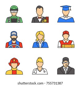 Professions color icons set. Soldier, graduate student, driver, secretary, deliveryman, firefighter, doctor, bodyguard, croupier. Isolated vector illustrations