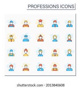 Professions color icons set. Various professions. Important jobs. Career concept. Isolated vector illustrations