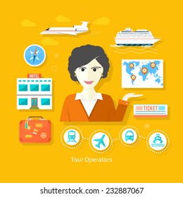 Professions concept with female travel agent holding globe map with pointers surrounded  elements of travel and tourism