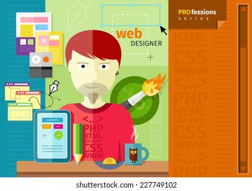 Professions concept with male web designer on workplace with tablet and different designer tools