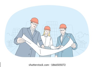 Professions in construction industry, work concept. Young smiling woman and men engineers and construction managers discussing plan of construction together. Job specialist, working sphere 