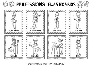 Professions flashcards black and white collection. Occupation flash cards set with cute kids characters in outline for coloring. Learn feelings vocabulary for school and preschool. Vector illustration