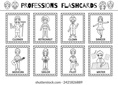 Professions flashcards schwarz-weiß Sammlung. Besetzte Flash-Karten mit süßen Kinderzeichen zum Färben in Umrissen. Lerne Gefühle Vokabular für Schule und Vorschule. Vektorgrafik