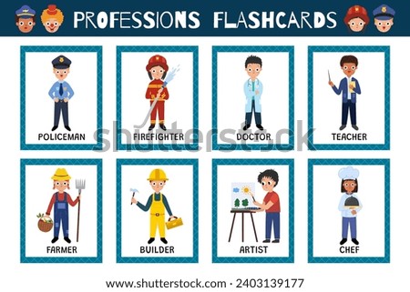Professions flashcards collection. Occupation flash cards set with cute kids characters for practicing reading skills. Learn feelings vocabulary for school and preschool. Vector illustration