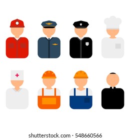 Professions flat characters vector illustration. Profession avatars icons set. Set of colorful profession people flat style icons without faces. Doctor, policeman, fireman, cook, priest, worker