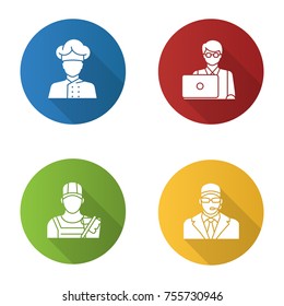 Professions flat design long shadow glyph icon. Occupations. Bodyguard, cleaner, IT technologist, freelancer, cook. Vector silhouette illustration