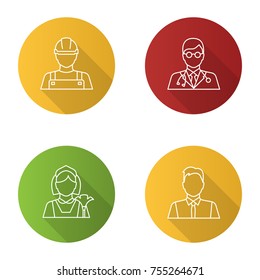 Professions flat linear long shadow icons set. Occupations. Builder, doctor, maid, showman, office worker. Vector outline illustration