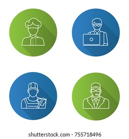 Professions flat linear long shadow icons set. Occupations. Bodyguard, cleaner, IT technologist, freelancer, cook. Vector outline illustration
