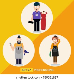 Professions flat vector illustration. Barber, hairdresser, sale assistant cartoon character