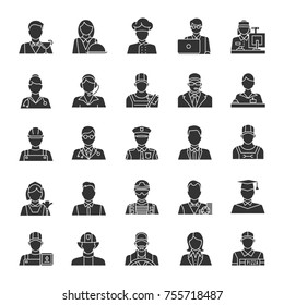 Professions glyph icons set. Occupation. Workers. Silhouette symbols. Vector isolated illustration