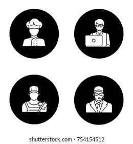 Professions glyph icons set. Occupations. Bodyguard, cleaner, IT technologist, freelancer, cook. Vector white silhouettes illustrations in black circles