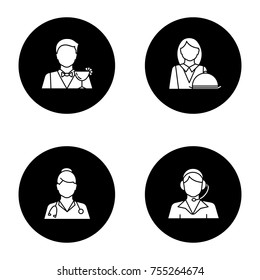 Professions glyph icons set. Occupations. Doctor, call center operator, barman, waitress. Vector white silhouettes illustrations in black circles