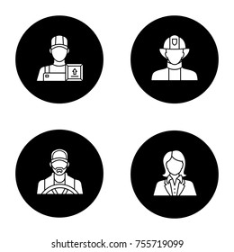 Professions glyph icons set. Occupations. Firefighter, loader man, secretary, office worker, driver. Vector white silhouettes illustrations in black circles